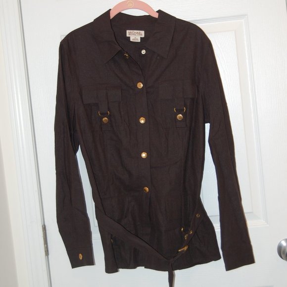 Michael Kors Women's Brown Linen/Rayon Safari Style Jacket W/Belt Size 14 - Picture 1 of 11